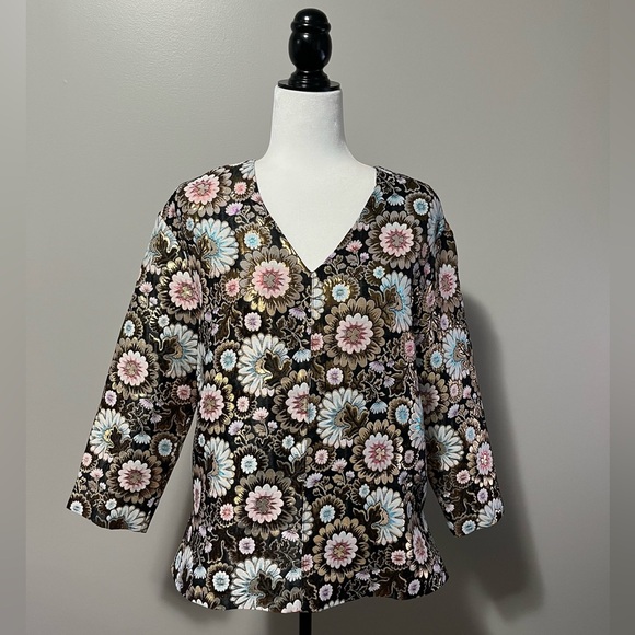J. Crew Tops - J. Crew V Neck Long Sleeve Boxy Fit Lined Silk Metallic Floral Pullover Top